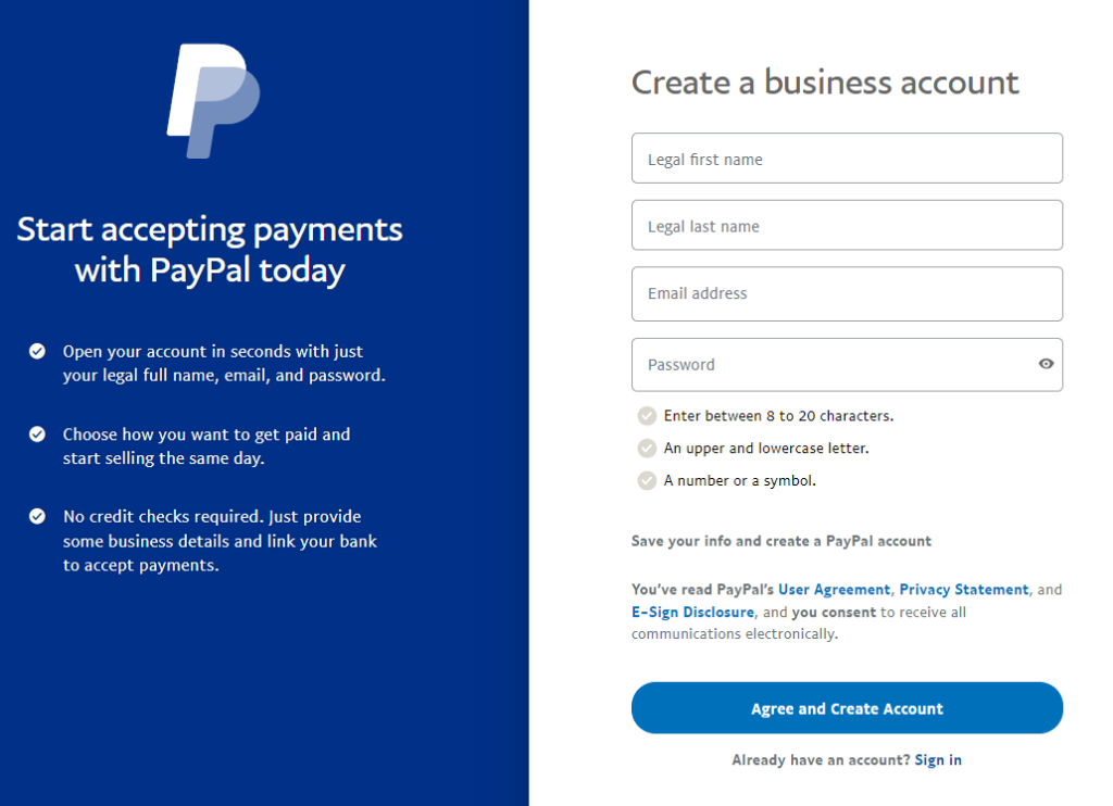 A PayPal signup page.