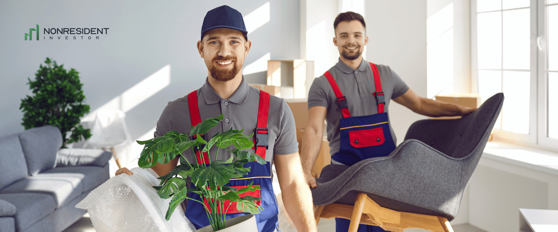 two moving guys helping an australian family to relocate their belongings in their new home in the US