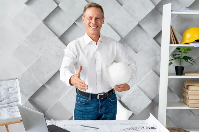 Smiling architect in a white shirt and jeans holding a white hard hat, extending a handshake in a modern office with architectural blueprints on the desk.