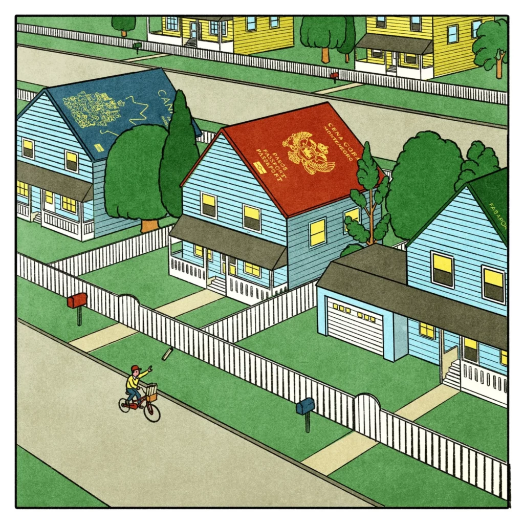 Houses with passport illustrations as roofs