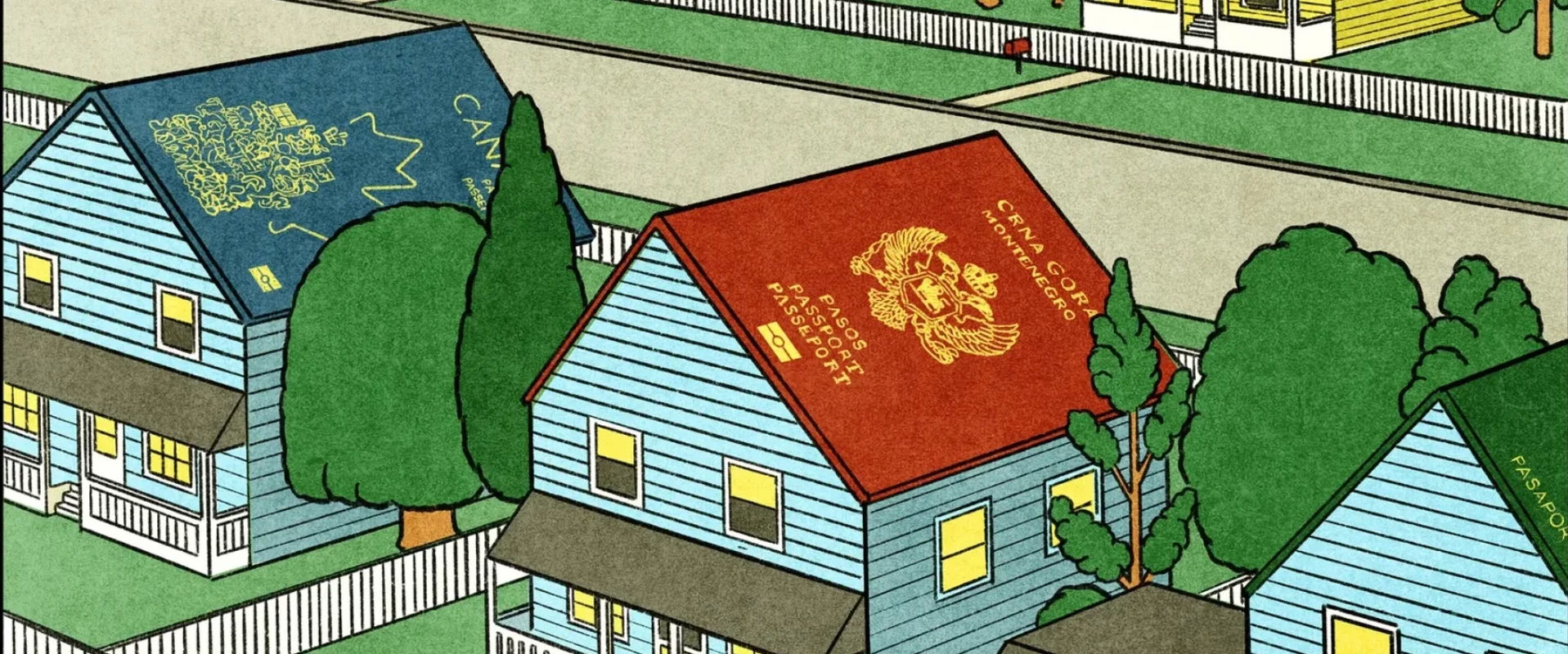 Houses with passport illustrations as roofs